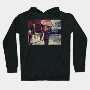 Road trip exploring street scene in Nelson city, British Columbia Canada. Hoodie